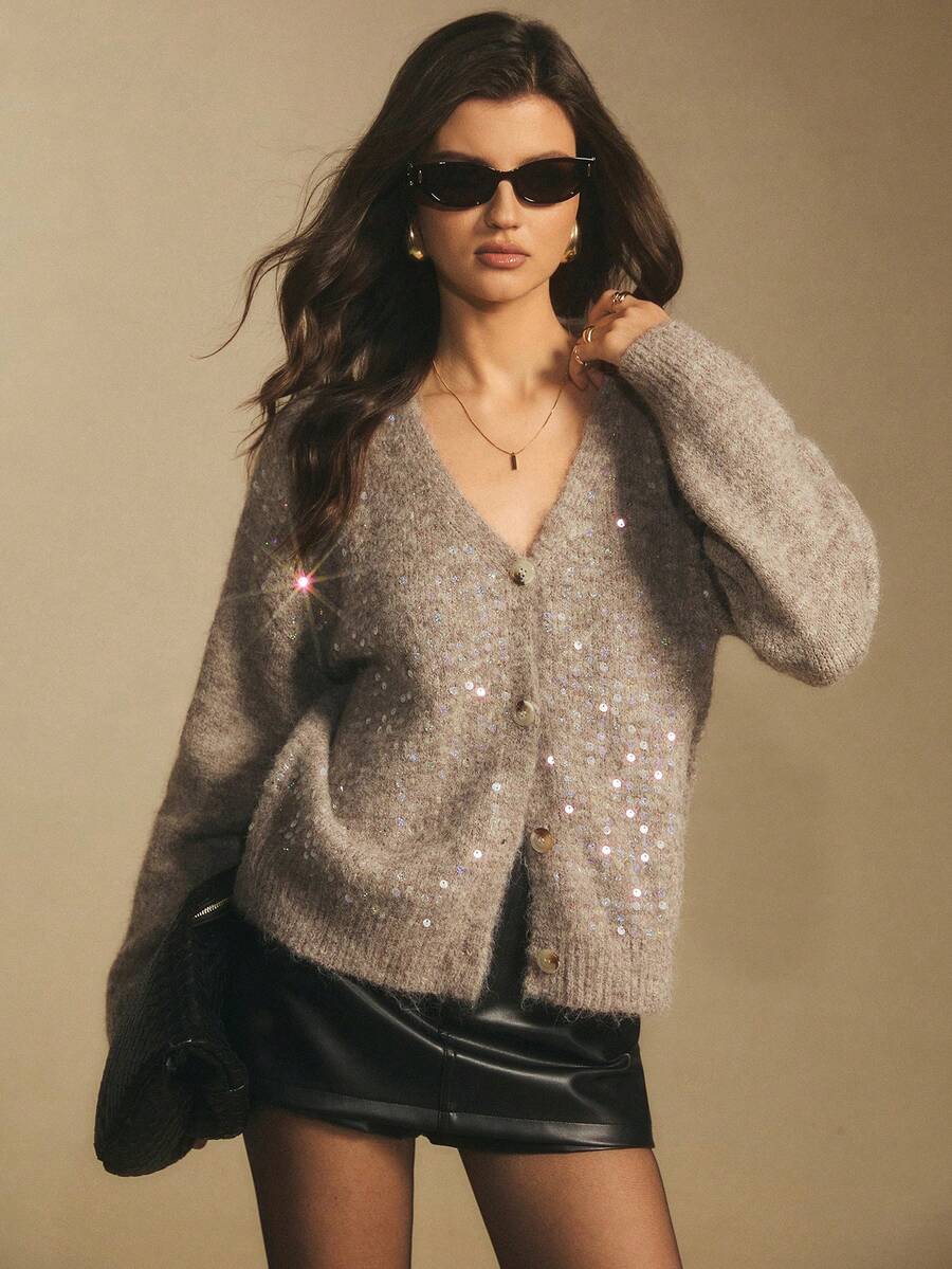 Poéselle 女式亮片拼布V领纽扣休闲长袖开衫 - 駝色 - 查看 1