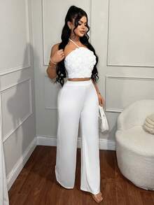 SHEIN SXY Damen Große Größen 3D Blumen Dekor Trägertop und weite Hose modisches 2-teiliges Set - Weiss - Übersicht 4