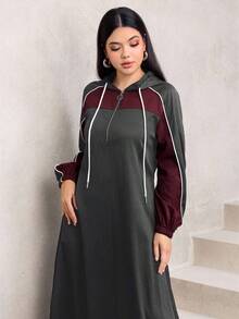 Al Najma 秋冬连帽拼色喇叭优雅时尚卫衣连衣裙 - 灰色 - 查看 7