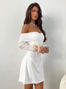 Aloruh Women's Elegant White Autumn Lace Patchwork Off-Shoulder Long Sleeve Mini Dress,Perfect For Birthday,Parties,Cocktail,Bridal Shower & Christmas Outfit - White - View 5