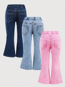 SHEIN 3件套少女Y2K牛仔打底裤，粉色、藏蓝色、浅蓝色可选，适合秋季、冬季休闲时尚度假穿着，2000年代风格，万圣节牛仔裤，圣诞节，喇叭裤型 - 彩色 - 查看 2