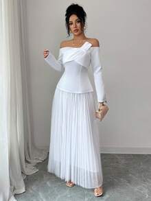 Modelyn French Design Off-Shoulder Top & Mesh Skirt 2-Piece Dress Set For Women