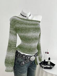 Elamini Women's Ombre Shoulder Cutout Long Sleeve Fashionable Sweater, Suitable For Vacation - Green - View 5