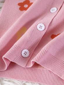 SHEIN 2pcs Baby Girls Floral Print Knit Cardigan Sweater And Wide Leg Pants Set, Casual, Comfortable, Versatile, Suitable For Everyday Wear, Autumn/Winter - Pink - View 11