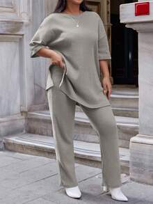 EURMUSE Cotton 2 Pieces Plus Size Slit T-Shirt Pants Suit - Light Grey - View 4