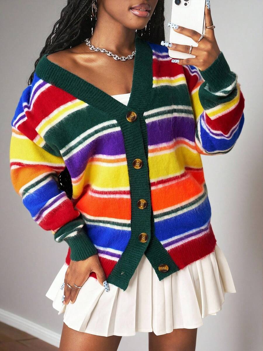 SHEIN Slayr 2025年新款早秋秋冬休闲街头日常约会生日派对简约风流行V领长袖露肩超宽松中长款毛呢开衫彩虹 - 彩色 - 查看 1