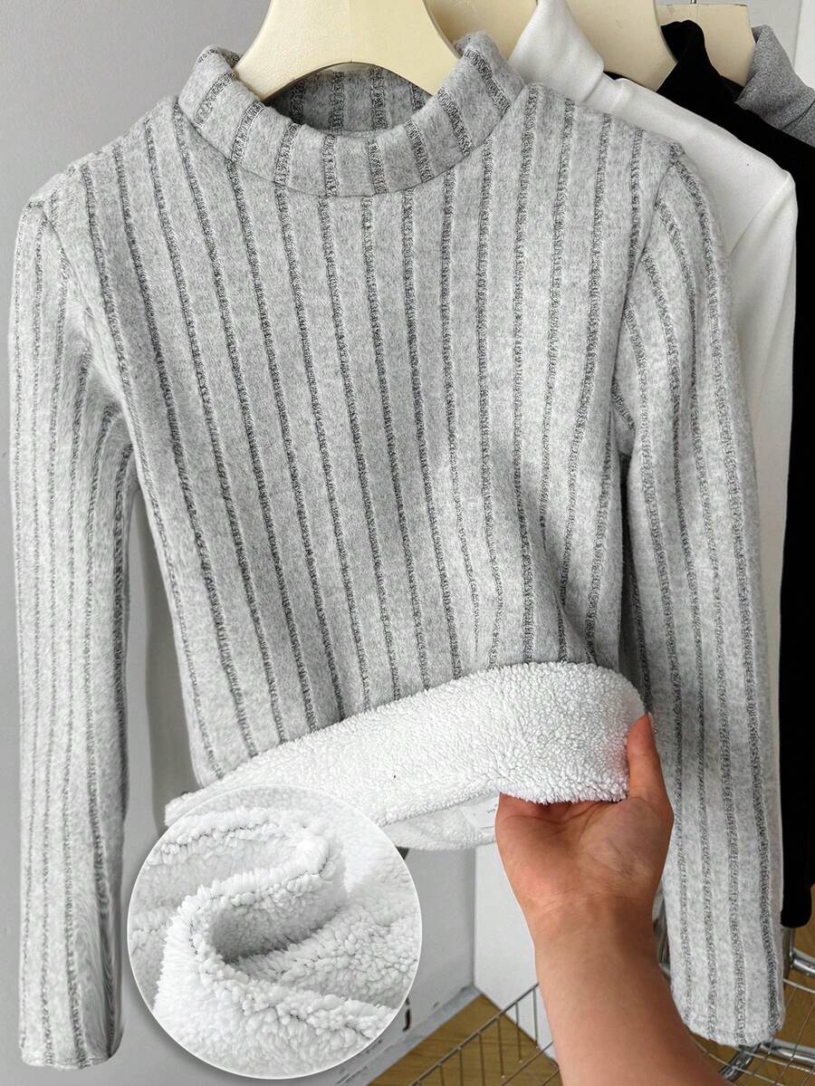 SHEIN 少女长袖修身T恤，春季修身款 - 淺灰色 - 查看 1