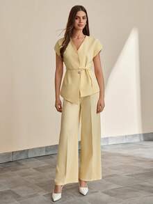 CLARA VERO Women Solid Color Two Pieces Suit Sets Blazers And Pants - Yellow - View 5