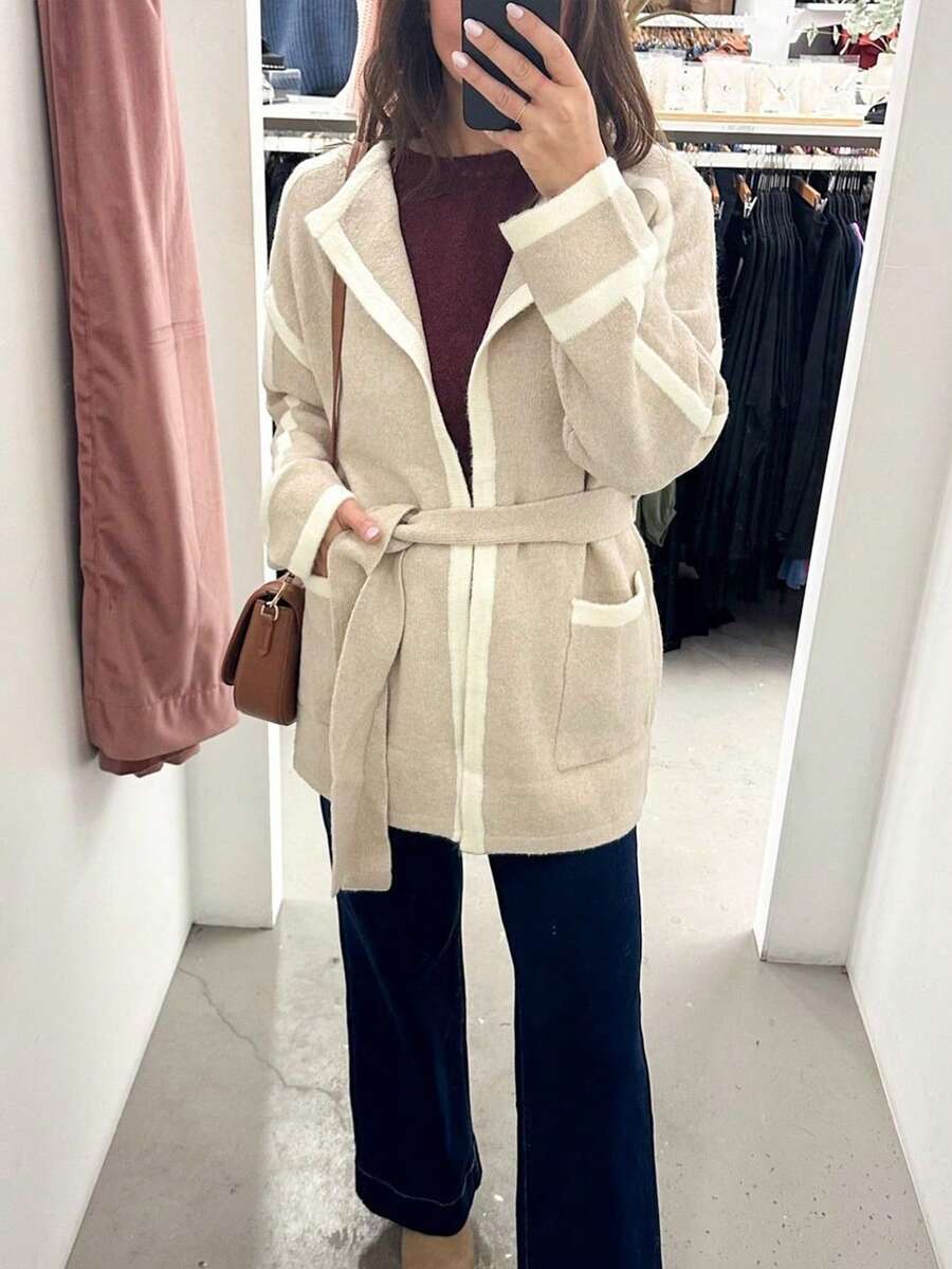 SHEIN Frenchy Women's Autumn/Winter Khaki Apricot Casual Color-Blocked Patchwork Crewneck Warm Thick Cardigan Autumn/Winter Style, Everyday Wear Can Be Worn As Outerwear Or Layered Underneath   Winter Clothes For Women  Women's Winter Coat  Women's Winter Coat  Christmas Sweater  New Year Women's Clothes  Thanksgiving Outfit For Women   Brown Sweater