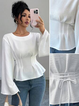 Rafferiza 女士秋冬时尚束腰衬衫，纯色休闲衬衫