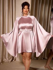 Cravure Plus Size Women's Stand Collar Raglan Raglan Sleeve Sleeve A-Line Dress With Detachable Belt, Party Wear - Dusty Pink - View 4