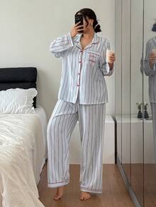 Napfluff CURVE Napfluff CURVE 大码泡泡褶皱条纹撞色滚边睡衣套装 秋冬服装 - 灰色 - 查看 6