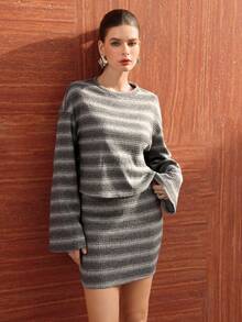 Modelyn 2pcs Set: Dropped Shoulder Round Neck Striped Top And Mini Skirt, Fashionable For Autumn/Winter - Multicolor - View 6