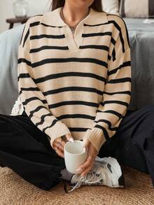 Sunspun Plus Size Women Casual Striped V-Neck Loose Pullover Sweater, Suitable For Daily Commute, Autumn/Winter - Apricot - View 4