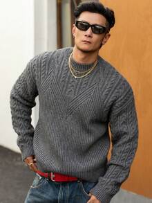 DAZY Men's Solid Dark Gray Textured Knit Sweater, Autumn - Dark Grey - View 7