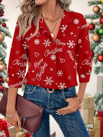 SHEIN LUNE Women's Casual Minimalist Red Star & Merry Christmas Letter Print Loose Fit Turndown Collar Shirt, Comfortable For Office Wear, Autumn/Winter