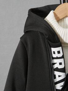 SHEIN 青少年男孩斜拉链字母印花卫衣 - 黑色 - 查看 5