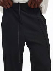 SUMWON 高级纹理宽松喇叭裤，褶裥设计，抽绳腰带，休闲舒适纯色运动裤 - 黑色 - 查看 6