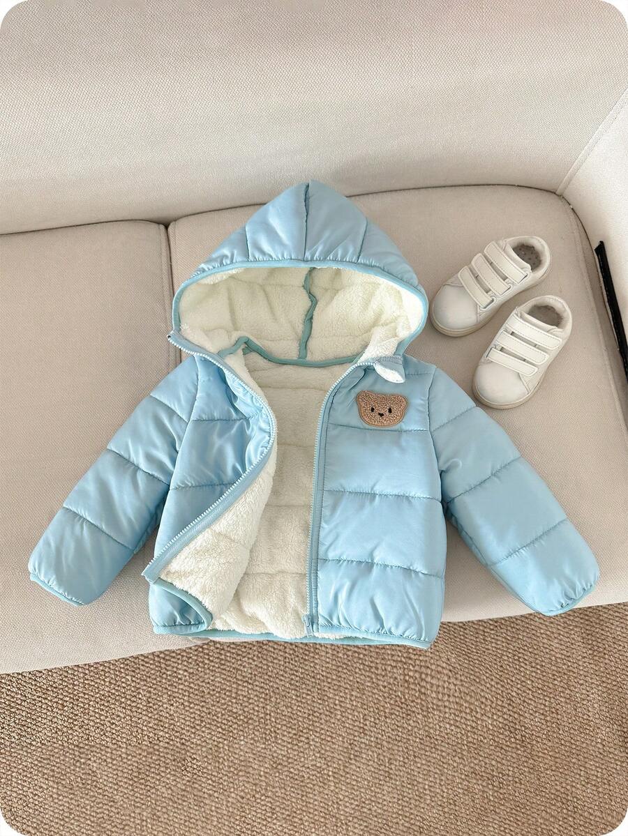 SHEIN 男婴黑色冬季保暖连帽拉链羽绒服，休闲百搭，柔软舒适，适合雪地玩耍。男婴外套，冬季保暖外套，熊宝宝外套，羽绒服，圣诞节 - 藍色 - 查看 1