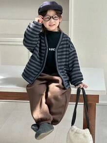 DAZY 小男孩条纹落肩长袖单排扣夹克和裤子休闲套装，秋冬 - 深灰色 - 查看 2