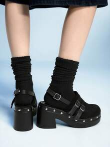 Sugerpunk 女式复古扣高跟凉鞋，时尚休闲粗跟穆勒鞋 - 黑色 - 查看 3