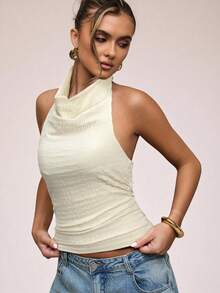 SHEIN BAE 女式纯色垂坠领口褶皱时尚露背上衣 - 杏色 - 查看 3
