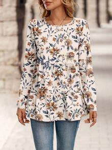 EMERY ROSE Damen Bluse mit Blumenmuster, Rundhalsausschnitt, langen Ärmeln und Rüschensaum, lässig, sommerlich, Boho-Stil, Tunika-Tops, Tunika-Bluse