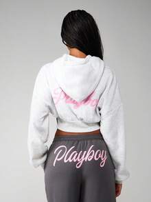 Missguided x Playboy Oversized Cropped Zip Up Hoodie With Drawstring For Fall Winter Casual Streetwear - Light Grey - View 3