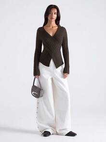 LYSMO Women's Solid Color Criss-Cross Design Long Sleeve Casual Sweater, Autumn/Winter,Brown Top,Fall,Fall Clothes For Women