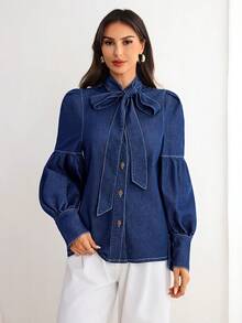 Elenzga Jaqueta e casaco jeans femininos casuais e elegantes - Azul - Ver 4
