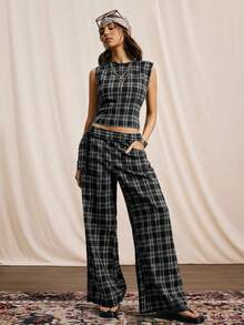 Easelle طقم ملابس علوية قصيرة بلا أكمام وبنطال ذو ساق واسعة مع حزام معدني، طقم نسائي من قطعتين بطراز نومادي قديم - أبيض وأسود - مشاهدة 5