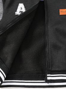 SHEIN Young Boys Casual Patchwork Color Block Thick Hooded Jacket, Suitable For School, Garden, Birthday, Fall, Winter Season, Halloween, Vintage - Grey - View 6