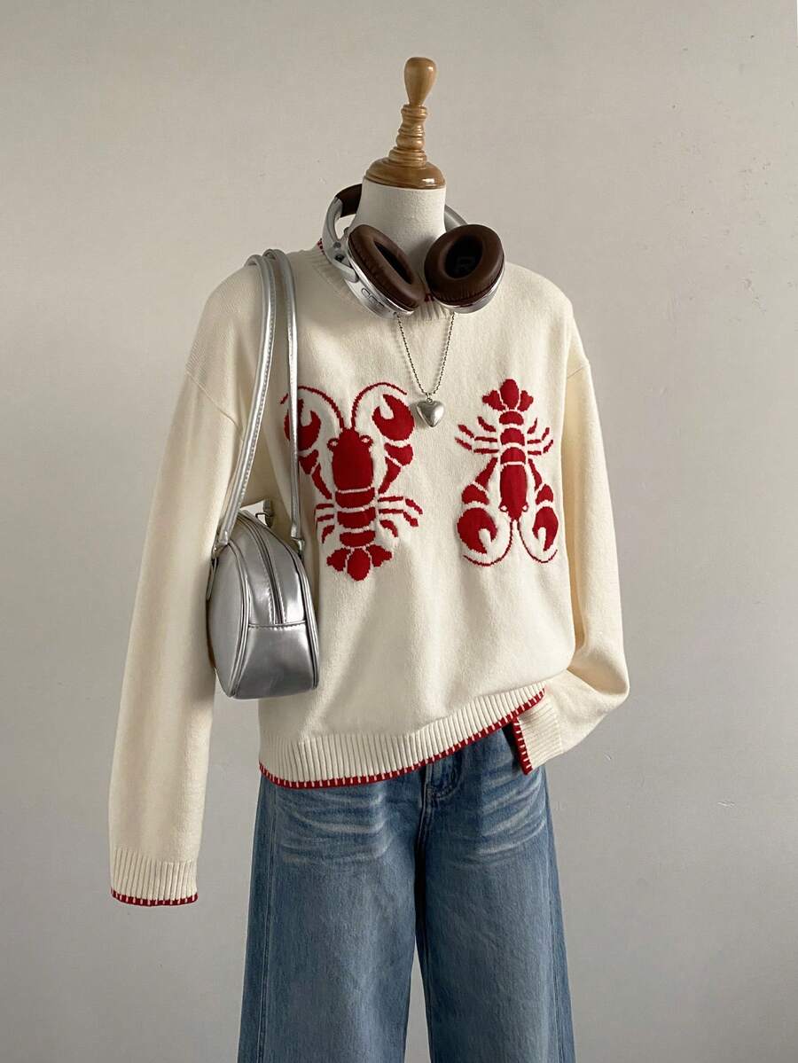 Elamini Women's Casual Lobster Pattern Jacquard Knit Sweater, Autumn/Winter