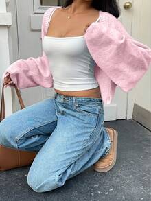 SHEIN Unity Casual Solid Color Batwing Sleeve Cardigan, Versatile - Pink - View 4