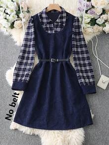 Franclia 这款百搭衬衫领灯芯绒拼接格子连衣裙，适合秋冬季日常通勤、感恩节、圣诞节等各种场合，尽显优雅气质。 - 藏蓝色 - 查看 3