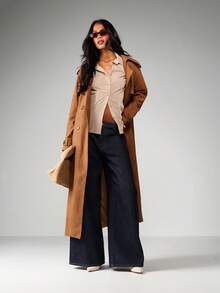 MISSGUIDED 条纹纽扣衬衫，带领带细节，长袖翻领衬衫，适合办公室休闲春季 - 棕色 - 查看 4