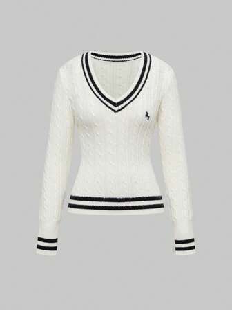 V-Neck Cable Knit Sweater For Women, Striped Color Block Slim Fit Long Sleeve Knitted Top, Youthful Style For Autumn