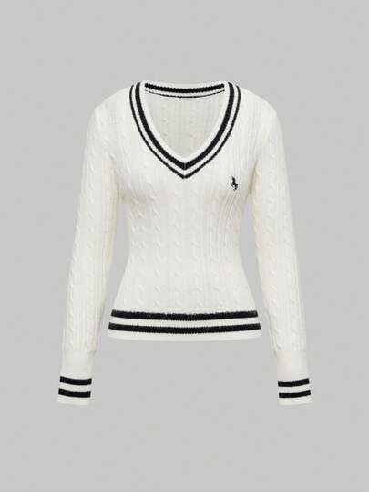 Jersey de punto de cuello en V para mujer, jersey de punto de manga larga con bloques de color a rayas y ajuste ceñido, estilo juvenil para el otoño