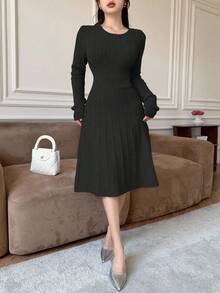 Modelyn Women's Solid Color Waist Cinched Knit Dress, Autumn/Winter