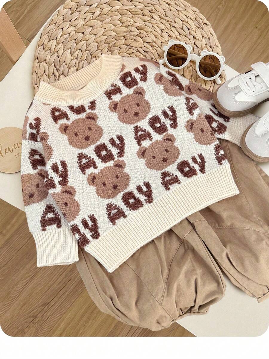 SHEIN Unisex Toddler 3D Bear & Letter Intarsia Knit Pullover Sweater Autumn Winter Clothes FoGirlen - Beige - View 1