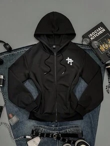 Attitoon Sudadera holgada con apertura frontal, bordado de cruz, estilo vintage punk Y2K casual para mujer, cálida y cómoda para otoño/invierno