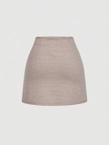 SHEIN MOD Váy ngắn chữ A kẻ caro kaki, váy dự tiệc cho nữ, năm mới, ngày lễ, váy ngắn họa tiết răng sói - Màu Khaki - Xem 2