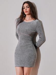 Poshira Robe moulante élégante à manches longues et dos nu pour femmes, automne - Argent - Voir 4