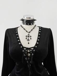 Sunspun Plus Size Dark Gothic Style Cross Strap Long Sleeve Top And Skirt 2 Pieces Set - Black - View 5