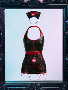 SHEIN 女士 PU 皮革撞色滚边系带露背吊带护士服 - 黑色 - 查看 6