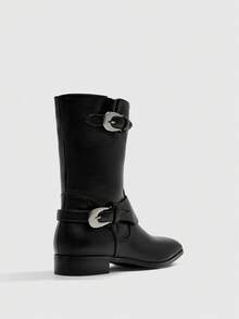 CUCCOO BIZCHIC Women's Buckle Design Pointed Toe Chunky Heel Mid-Calf Boots, Fashionable For Daily Wear - Black - View 8