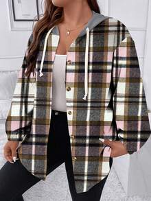 Flirla 大碼格紋落肩袖抽繩連帽夾克 - 淺粉色 - 查看 5