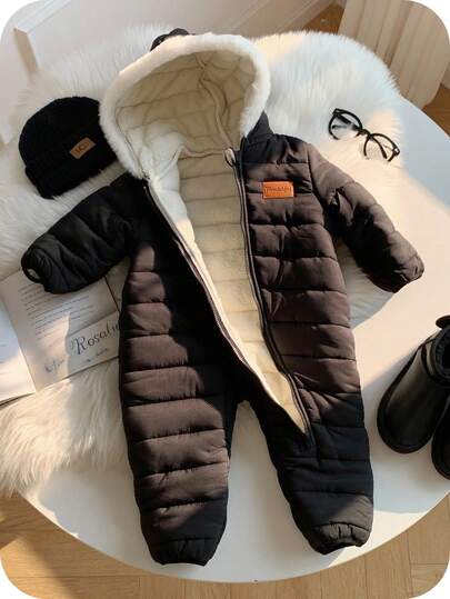 Nyfödd babypojke unisex termofodrad jumpsuit med huva, tjock vinteroverall