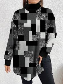 EMERY ROSE Plus Size Colorblock Geometric Pattern Turtleneck Long T-Shirt, Spring/Autumn - Multicolor - View 4