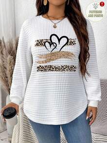 EMERY ROSE Autumn/Winter Glitter Heart Plaid Round Neck Casual White Comfortable Sweatshirt With Curved Hemline And Side Slits Graphic Sweatshirts,Casual - Multicolor - View 2